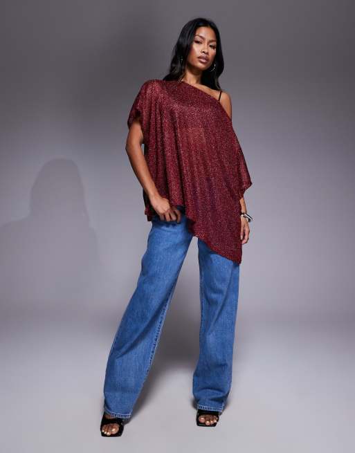 ASOS DESIGN – Transparentes, schulterfreies Cape-Oberteil in Metallic-Burgunderrot mit lockerem Oversize-Schnitt, 4 von 4