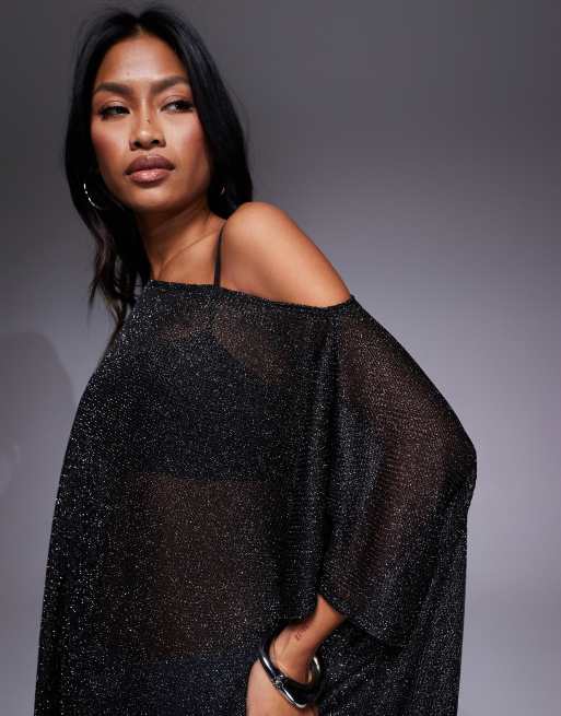 ASOS DESIGN – Transparentes, schulterfreies Cape-Oberteil in Metallic-Schwarz mit lockerem Oversize-Schnitt, 3 von 4