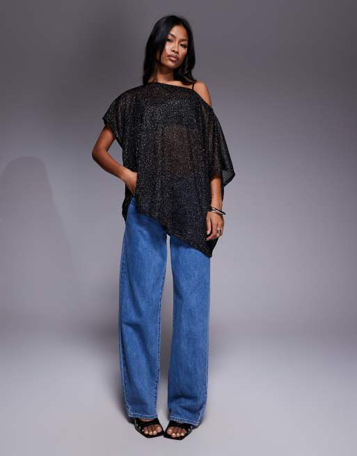 ASOS DESIGN – Transparentes, schulterfreies Cape-Oberteil in Metallic-Schwarz mit lockerem Oversize-Schnitt, 4 von 4