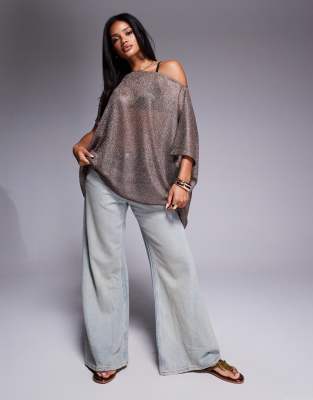 ASOS DESIGN - Transparentes, schulterfreies Oberteil in Gold mit lockerem Oversize-Schnitt-Goldfarben