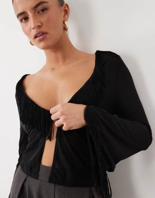 ASOS DESIGN transparentes Strickjacken-Top mit Fransen-Detail in Schwarz, 4 von 4
