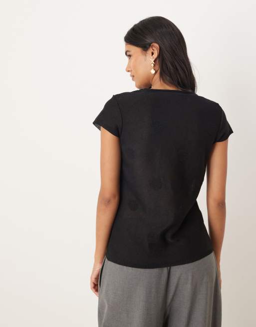 ASOS DESIGN – Transparentes Strickoberteil in Schwarz mit Punktemuster und Flügelärmeln, 3 von 4