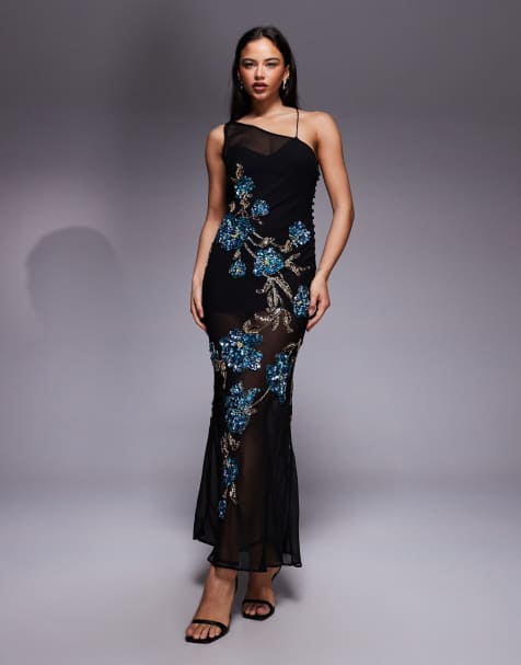 ASOS DESIGN – Transparentes, verziertes Maxikleid in Schwarz mit herabfließendem Blumenmotiv - view 1