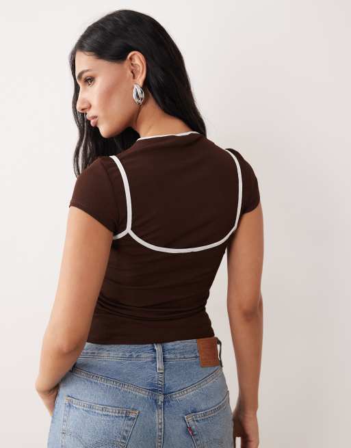 ASOS DESIGN – Transparentes, zweilagiges Oberteil in Schokobraun mit Kontrast-Einfassung, 4 von 4