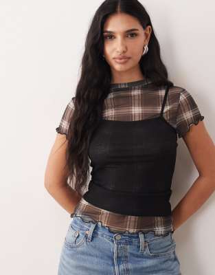 ASOS DESIGN - Transparentes, zweilagiges Oberteil mit Karomuster und Kräuselsaum-Bunt