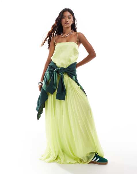 ASOS DESIGN - Trapez-formet cami-kjole med plisseret nederdel i limegrøn satin - view 1
