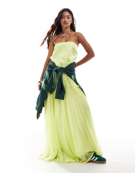 ASOS DESIGN - Trapez-formet cami-kjole med plisseret nederdel i limegrøn satin