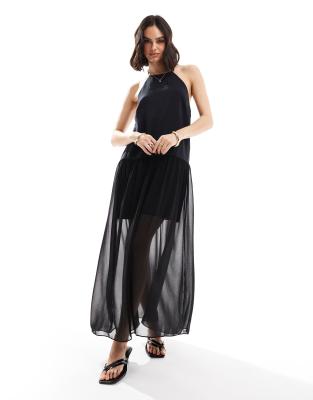 ASOS DESIGN - Trapez-Maxikleid in Schwarz aus Cupro und Chiffon mit Neckholder