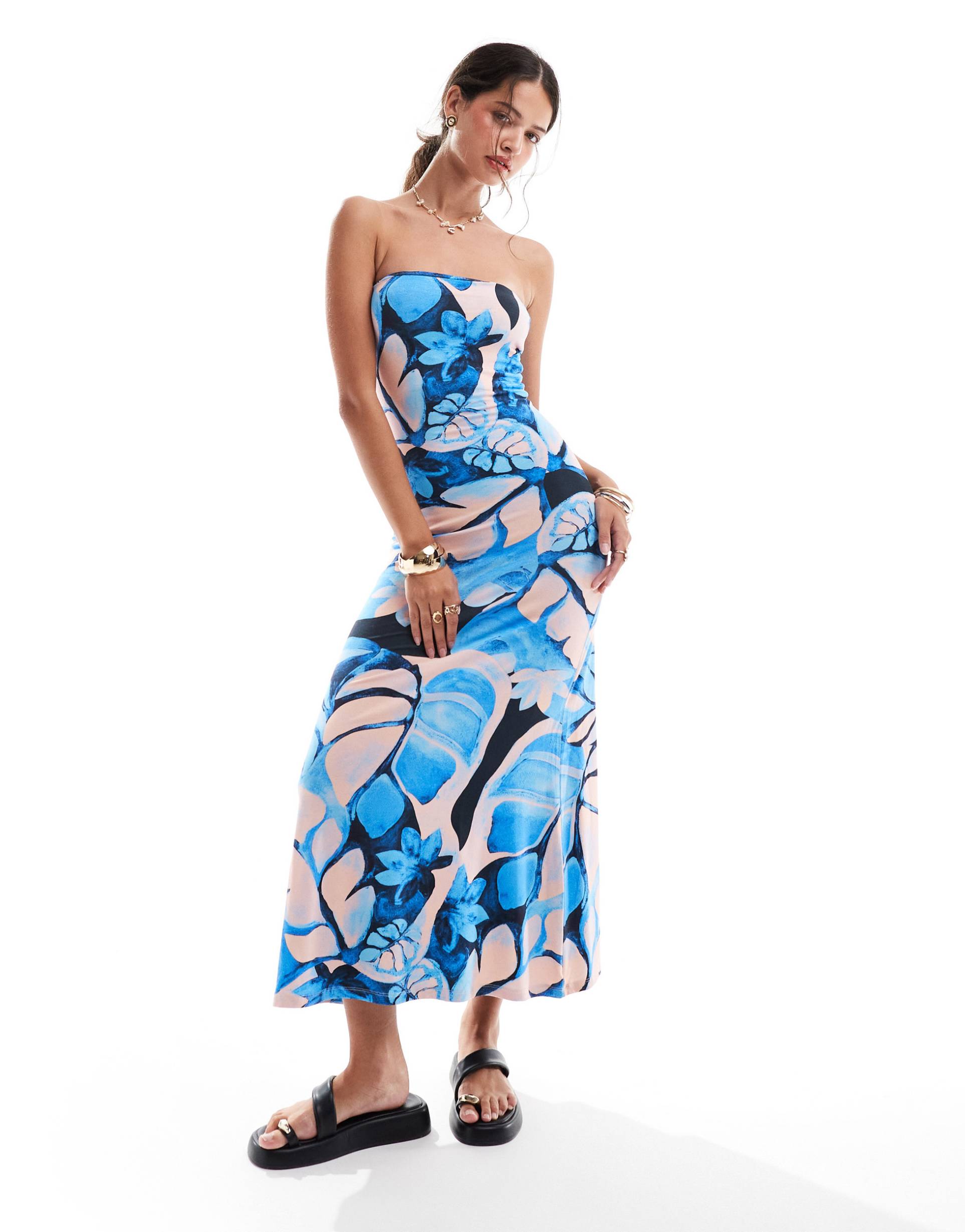 asos design trapeze bandeau midi dress in blue floral print