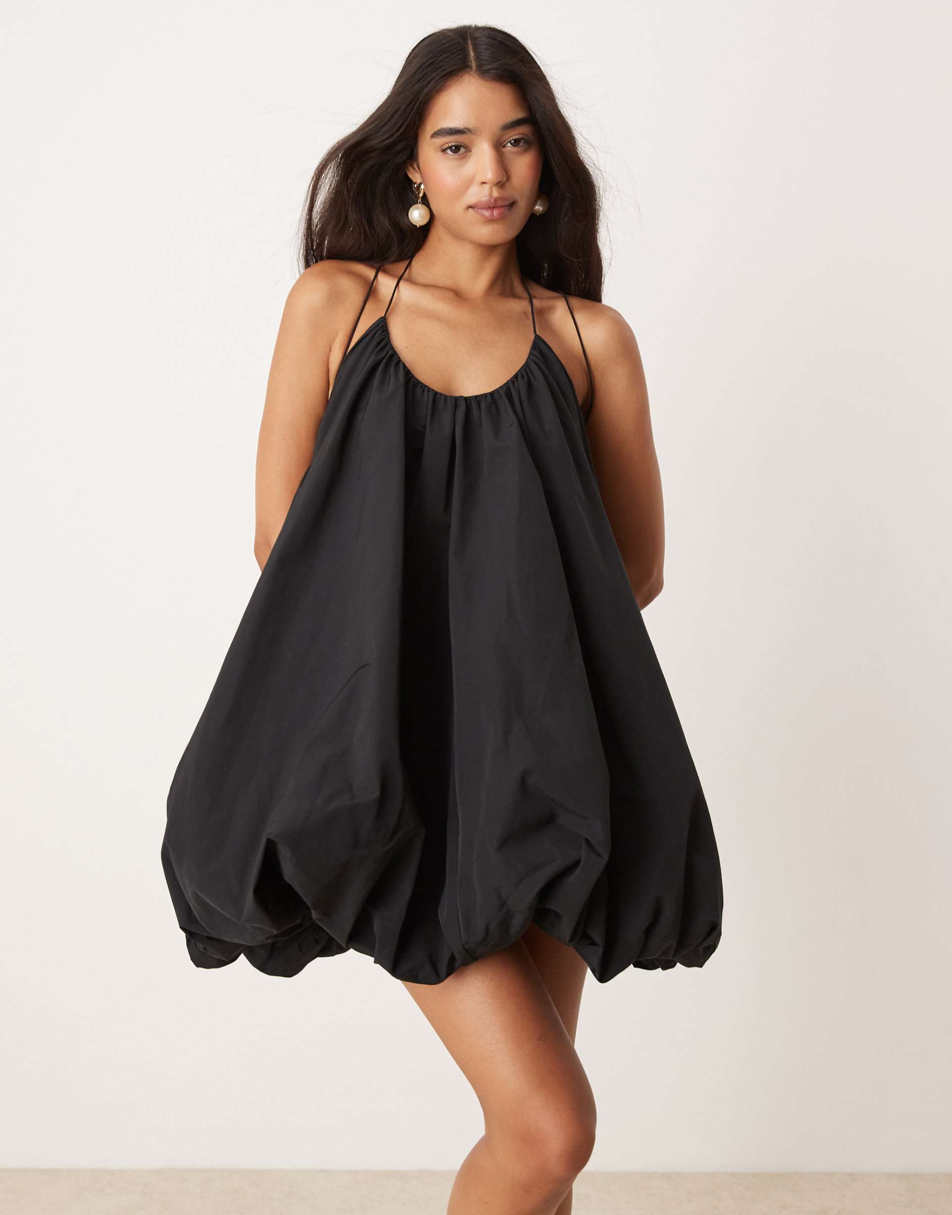 asos design trapeze cami mini dress with puff ball skirt in black