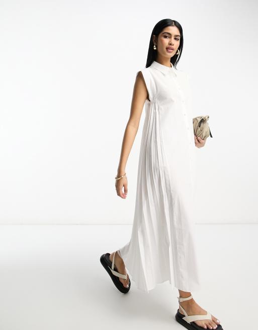 ASOS DESIGN trapeze cotton midi shirt dress with oversized pleat detail in white