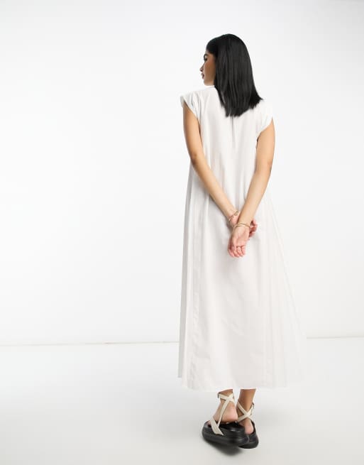ASOS DESIGN trapeze cotton midi shirt dress with oversized pleat detail in  white | ASOS