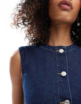 Asos Design Trapeze Denim Mini Dress With Button Opening In Blue