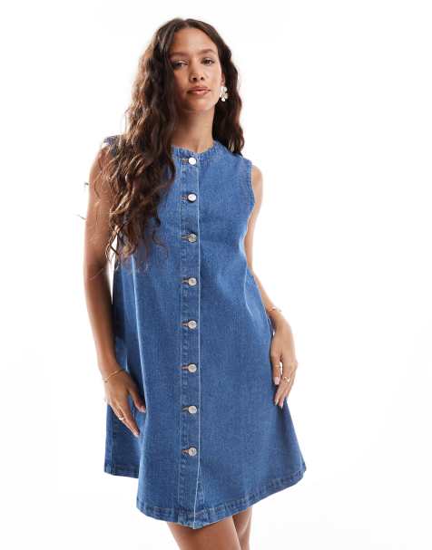 ASOS DESIGN trapeze denim mini dress with button opening in mid blue - view 1