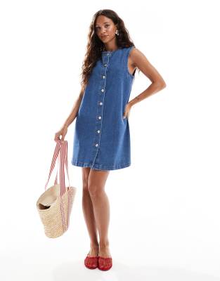 Asos Design Trapeze Denim Mini Dress With Button Opening