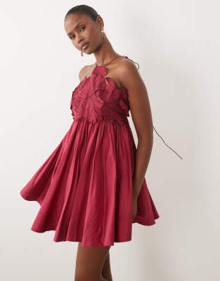 Asos Design Trapeze Halter Mini Dress With Embroidered Bodice In Burgundy