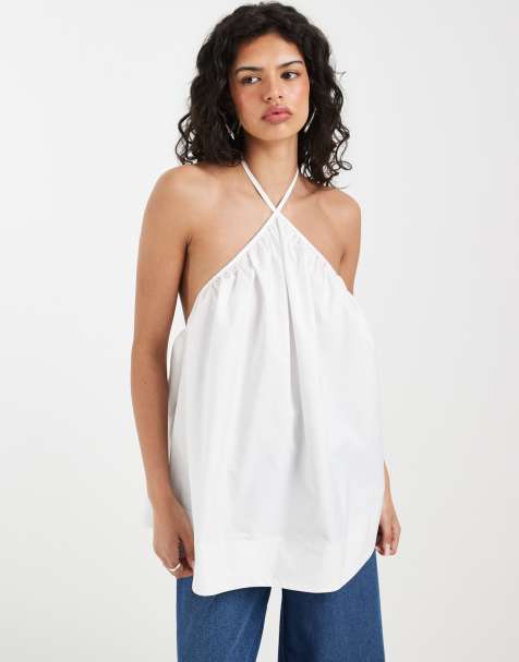ASOS DESIGN trapeze halter top in white poplin - view 1
