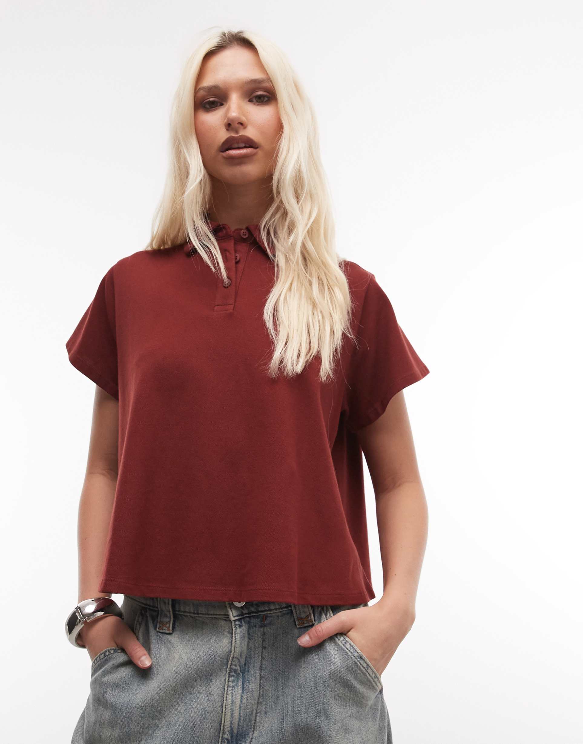 asos design trapeze hem short sleeve polo top in burgundy