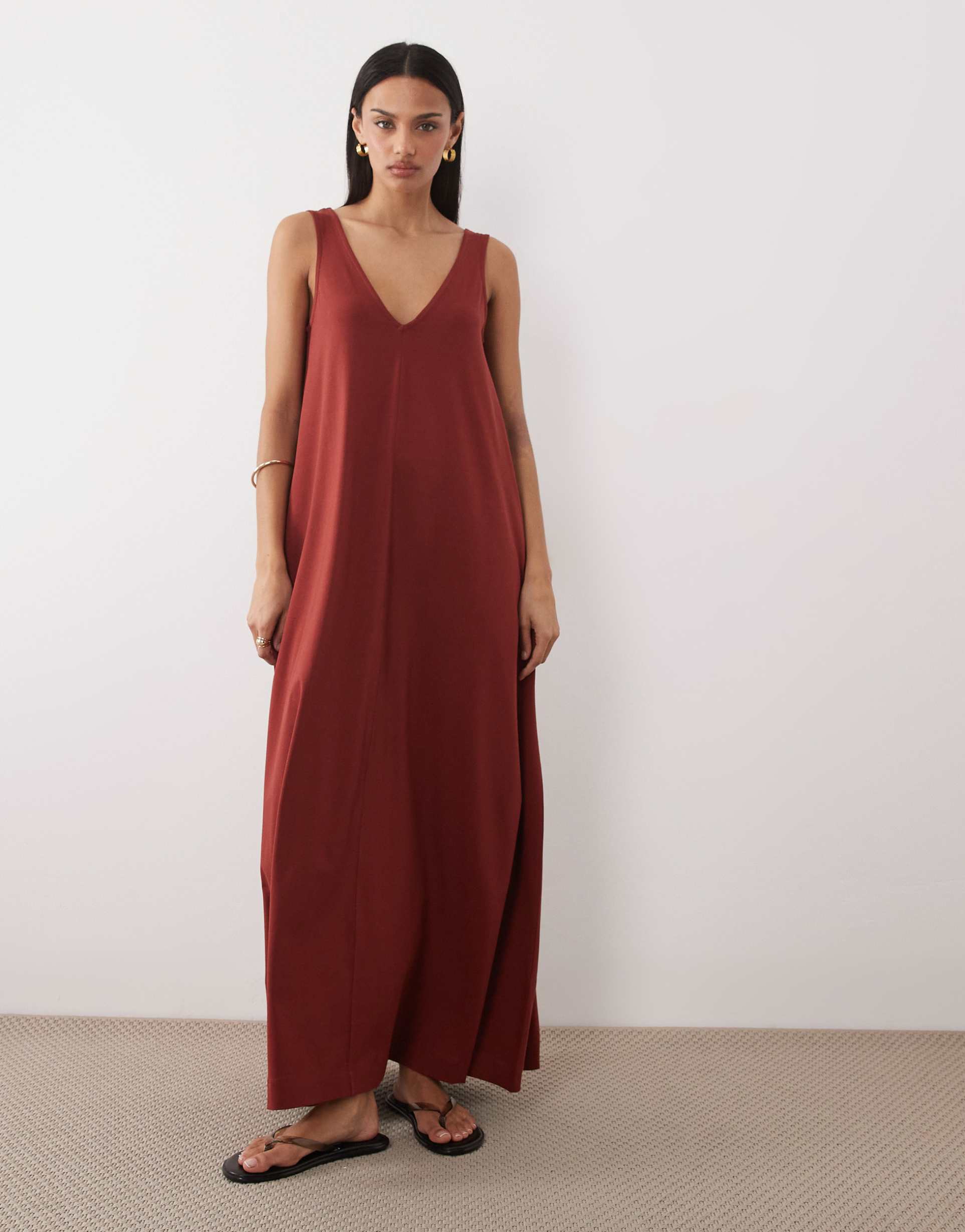 asos design trapeze maxi dress in chestnut