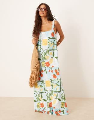 trapeze maxi dress in tomato print-Multi