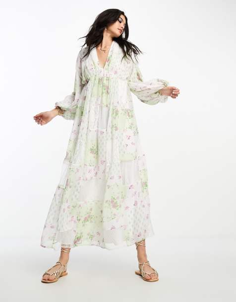 ASOS DESIGN trapeze maxi dress with blouson sleeve in mixed lace print - view 1