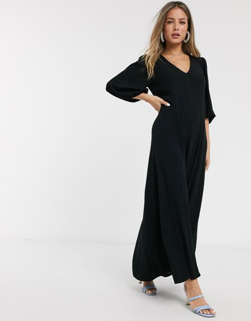 ASOS DESIGN trapeze maxi dress with puff sleeve in crinkle in black | ASOS