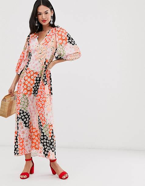 ASOS DESIGN trapeze maxi dress with puff sleeve in mixed daisy print