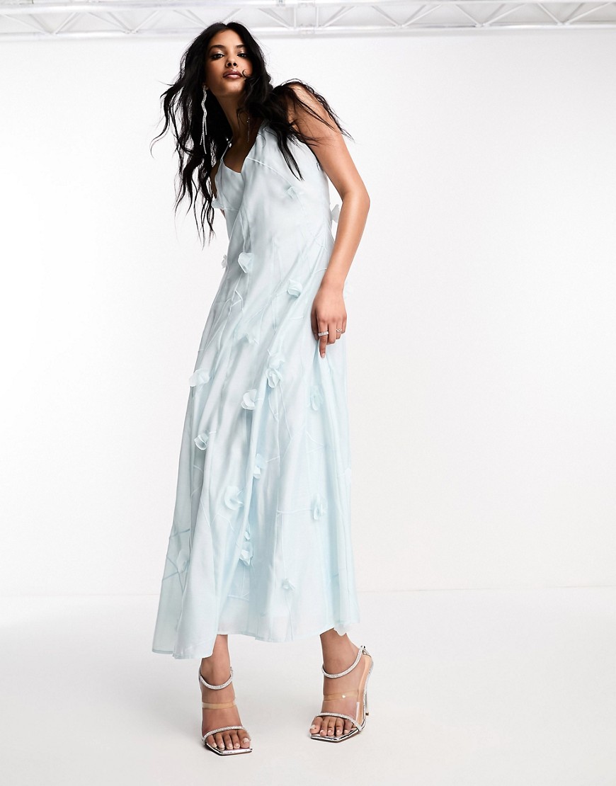 ASOS DESIGN trapeze midaxi slip dress with 3D flowers and embroidery in ice blue