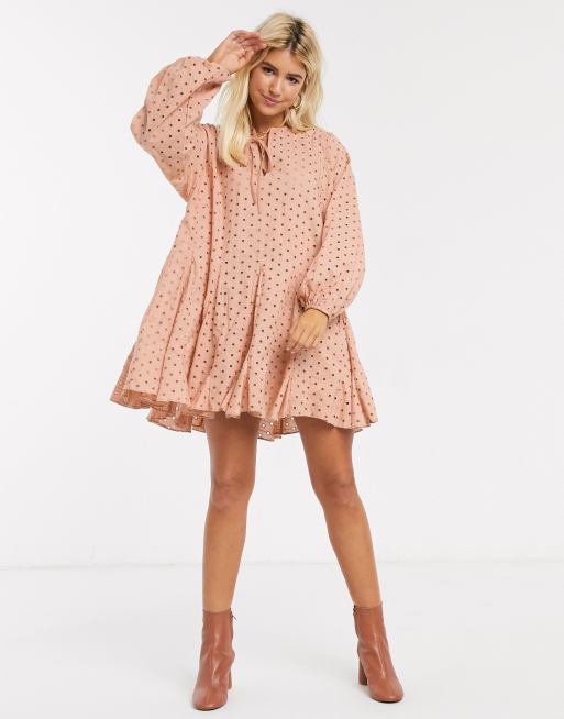 ASOS DESIGN trapeze mini dress with godets in broderie in mink ASOS