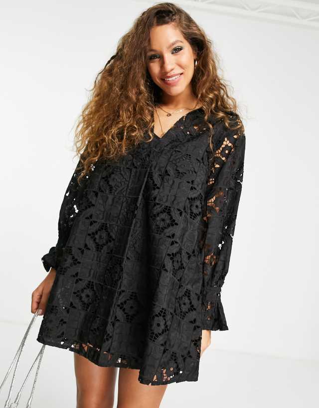 ASOS DESIGN trapeze mini shirt dress in patched lace in black