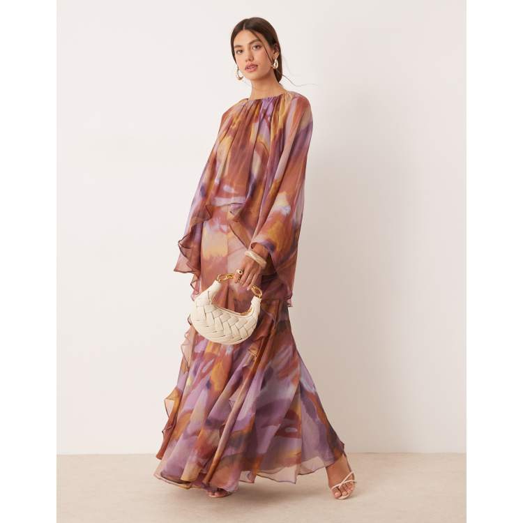 purple abstract dress Feel Your Best Purple Abstract Print Smocked Ruffle Sleeve Maxi Dress