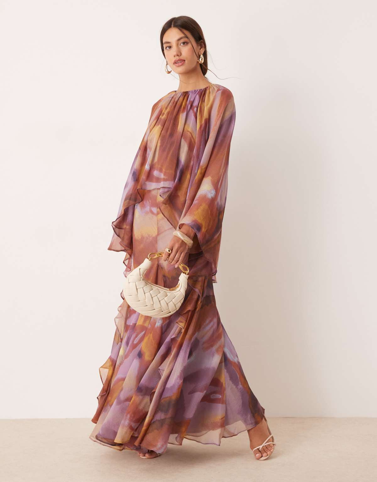 ASOS DESIGN trapeze overlay chiffon maxi dress with ruffles in purple abstract print