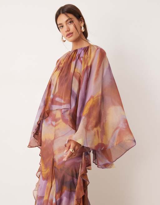 ASOS DESIGN trapeze overlay chiffon maxi dress with ruffles in purple abstract print