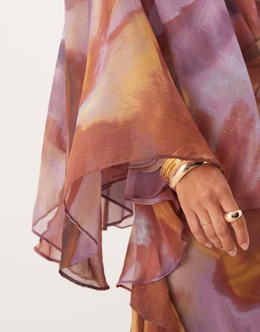 ASOS DESIGN trapeze overlay chiffon maxi dress with ruffles in purple abstract print