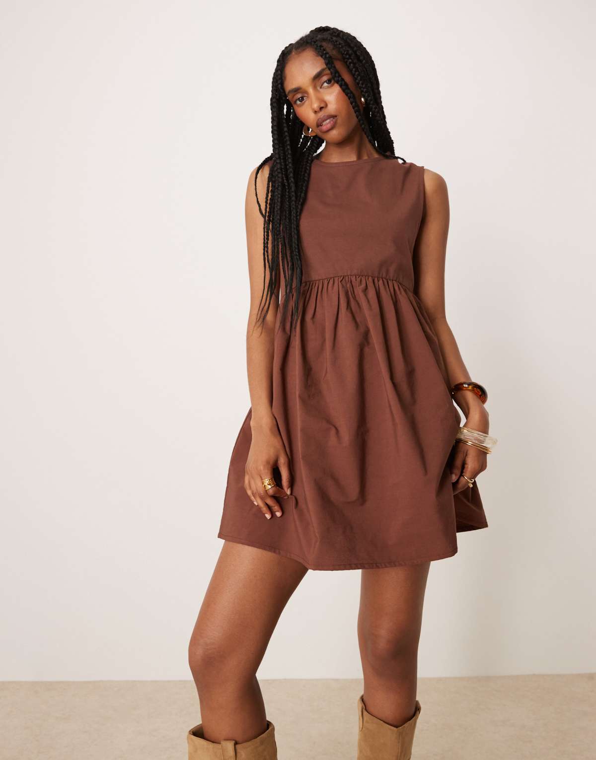 ASOS DESIGN trapeze poplin mix babydoll dress in brown