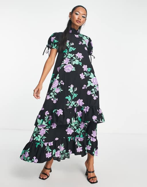 ASOS DESIGN trapeze ruffle maxi dress in lilac rose print