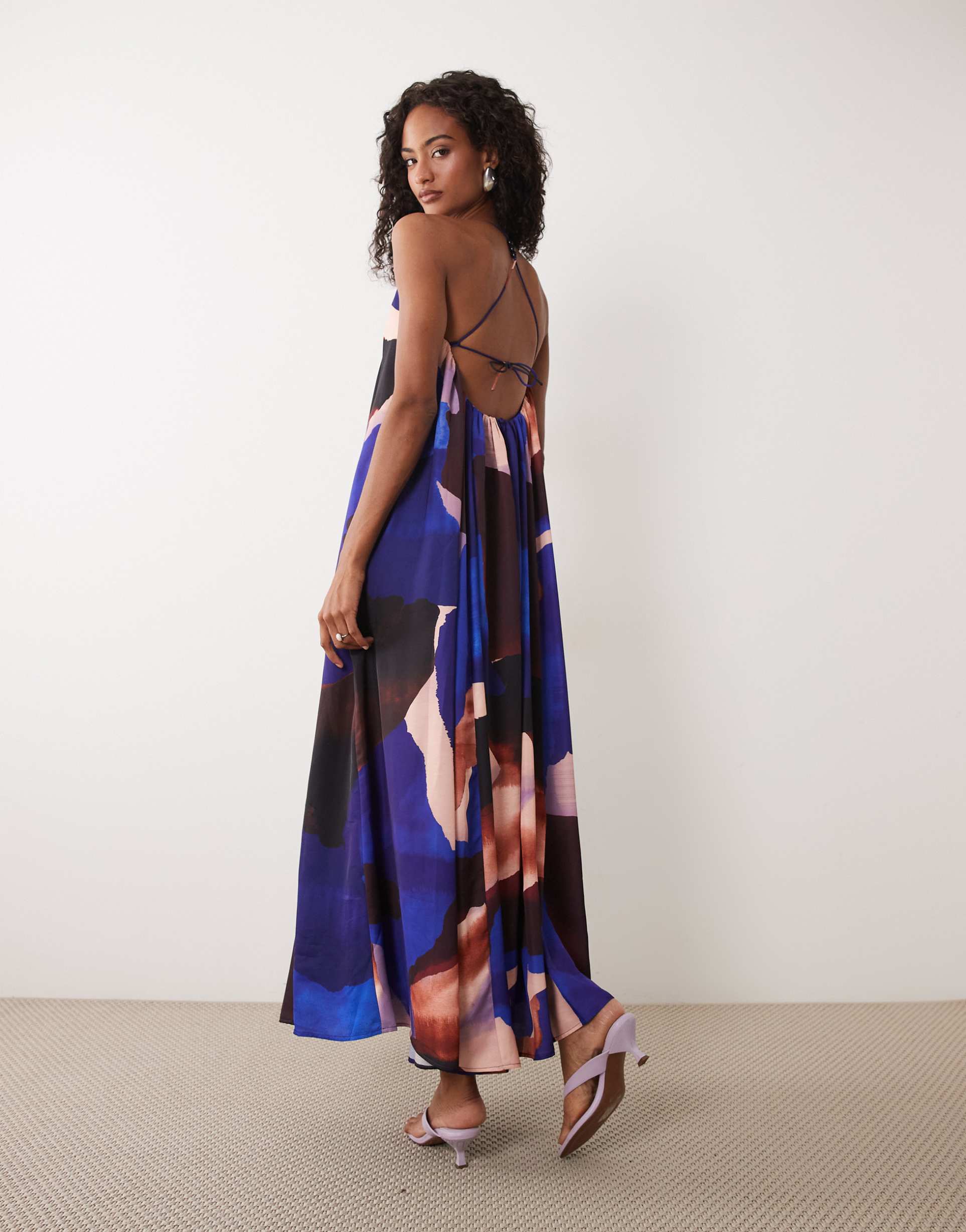 asos design trapeze scoop neck full hem maxi dress with bead detail back in blue abstract print