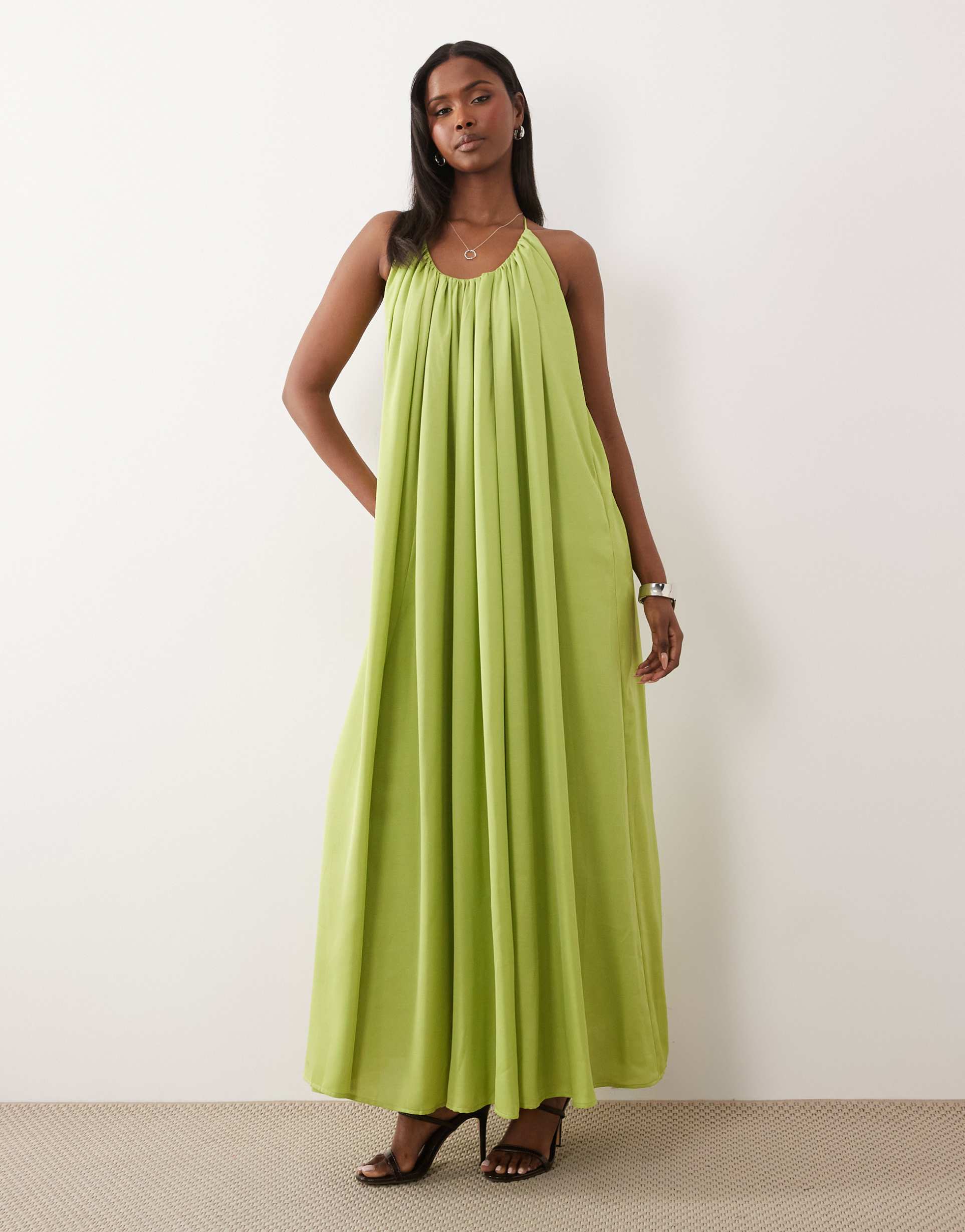 asos design trapeze scoop neck maxi dress with beaded back detail in olive green