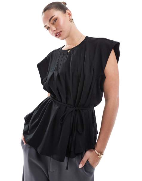 ASOS DESIGN trapeze t-shirt with tie waist in black - view 1