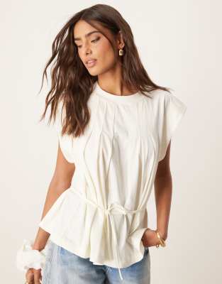 Asos Design Trapeze T-shirt With Tie Waist In Cream-white