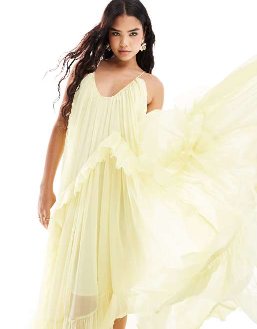 ASOS DESIGN – Trapezförmig geschnittenes Maxikleid in Pastellgelb mit U-Ausschnitt und Rüschen, 2 von 4