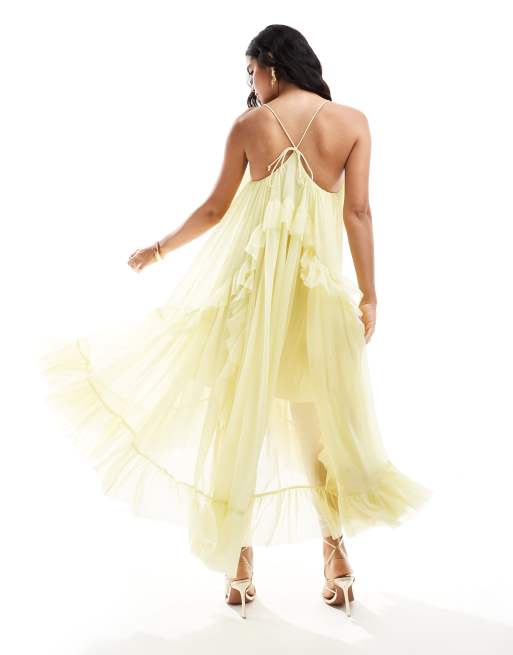 ASOS DESIGN – Trapezförmig geschnittenes Maxikleid in Pastellgelb mit U-Ausschnitt und Rüschen, 4 von 4