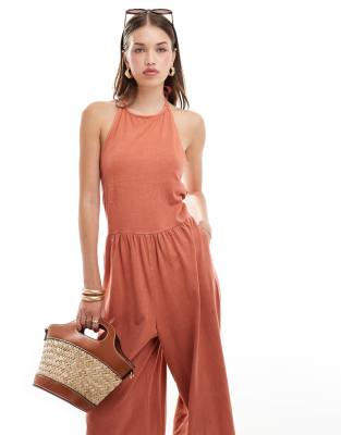 ASOS DESIGN - Trapezförmiger Neckholder-Jumpsuit in Orange-Keine Farbe