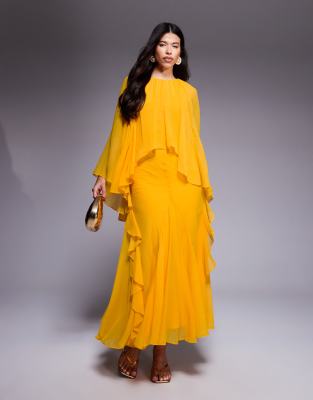 ASOS DESIGN - Trapezförmiges Chiffon-Maxikleid in Orange mit Overlay und Rüschen