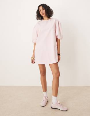 ASOS DESIGN - Trapezförmiges Kleid aus Baumwolle in Rosa mit voluminösen Ärmeln