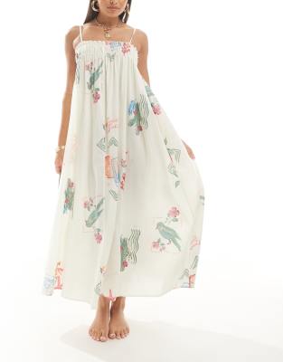 ASOS DESIGN - Trapezförmiges Maxi-Strandkleid mit Postkarten-Printmuster-Bunt