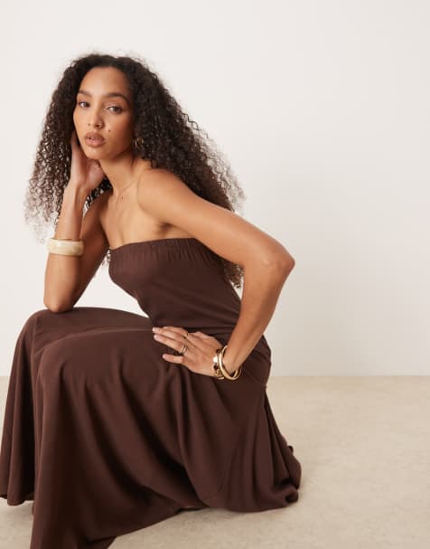ASOS DESIGN – Trapezförmiges Maxikleid aus Leinenmix in Schokobraun - view 1