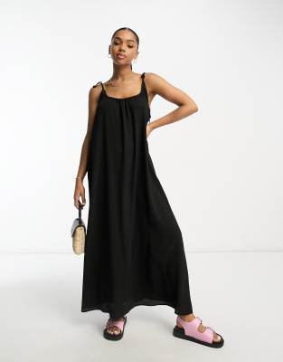 ASOS DESIGN - Trapezförmiges Maxikleid in Schwarz mit gebundenen Trägern-Black