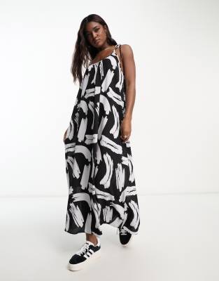 ASOS DESIGN - Trapezförmiges Maxikleid in Schwarz mit weißem Pinselstrichmuster und Bindeträgern-Bunt