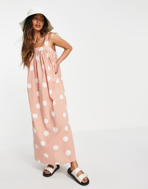 ASOS DESIGN – Trapezförmiges Maxikleid mit großem Punktemuster in Beige